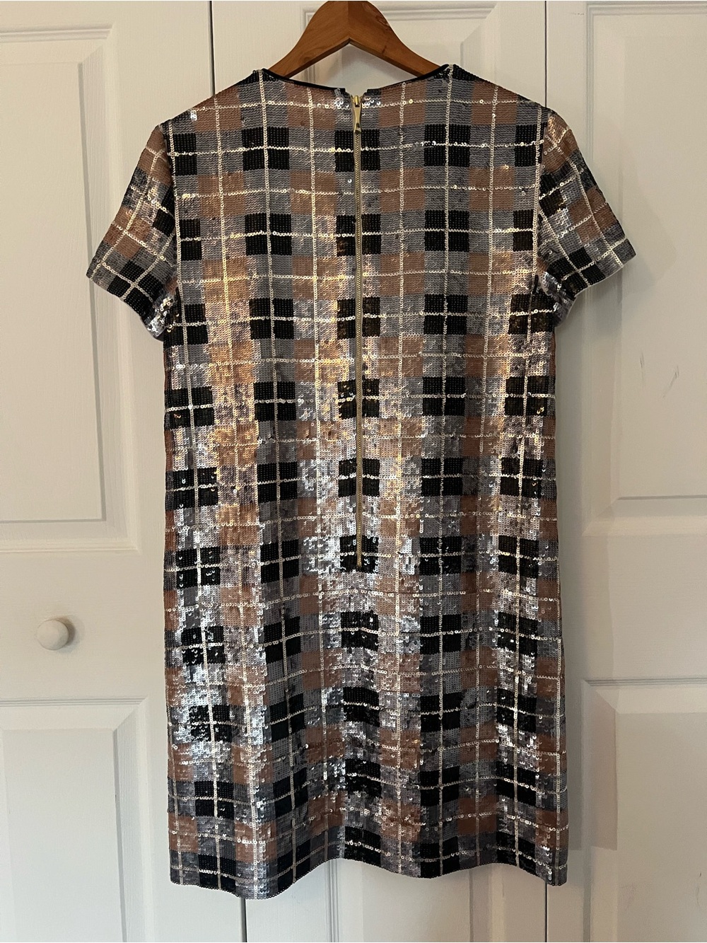 kate spade Sequin Plaid V-Neck Mini Dress in Silver Brown & Black - Picture 5 of 9